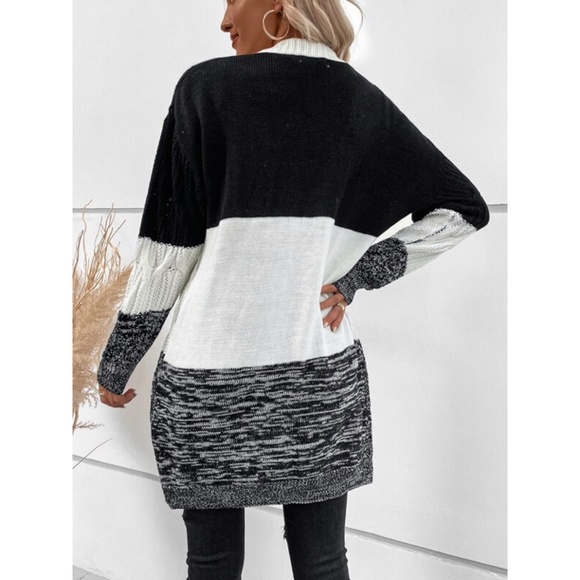 SOLD OUT Marled Black White Colorblock Cable Knit Open Duster Cardigan Sweater - Picture 4 of 4